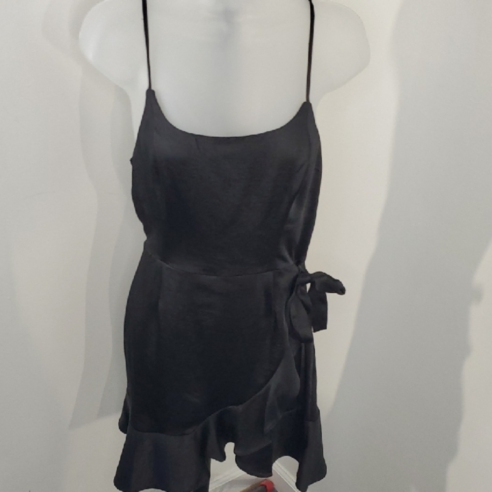wild fable Black Satin Spaghetti-Strap Wrap Mini Dress